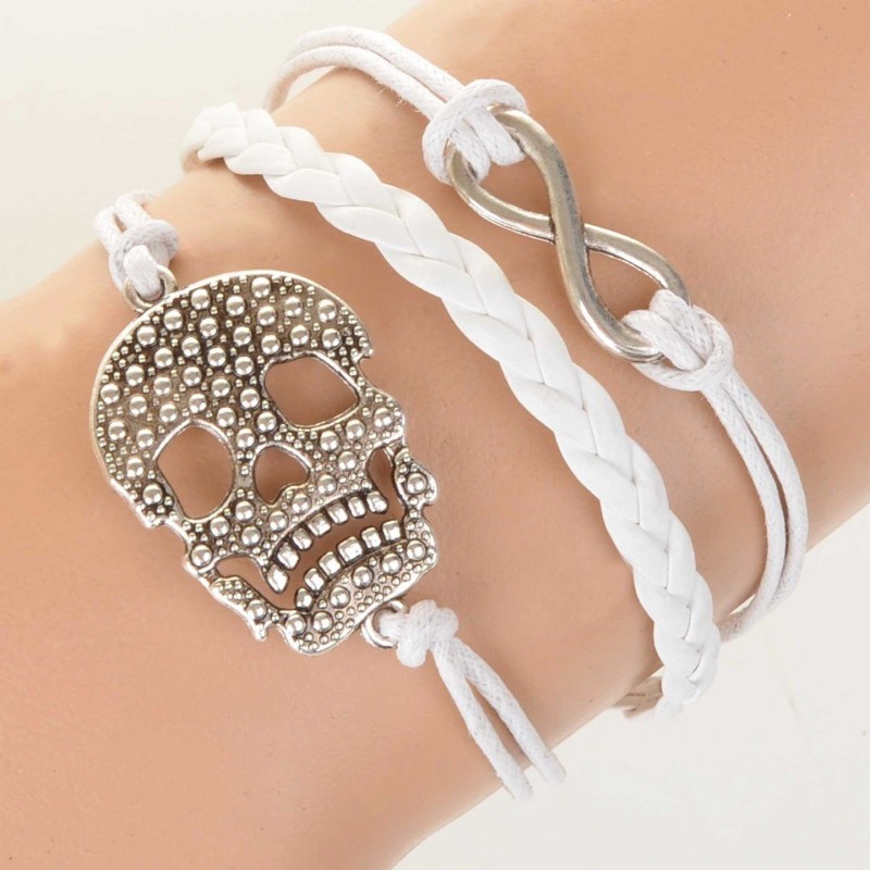Bracelet cuir blanc TETE DE MORT + INFINI - Bijou mode très actuel