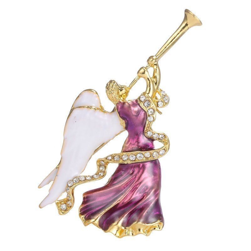 Ange Elfe Fée broche violette dorée avec sa trompette