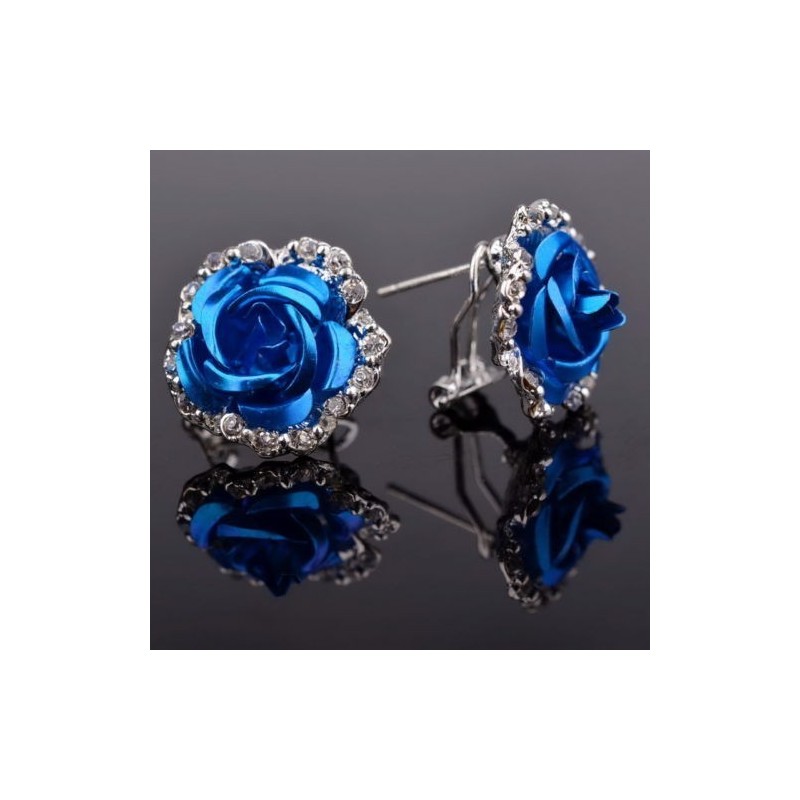 Boucles d'oreilles fleur rose : bleu electrique||Boucles d'oreilles fleur rose : bleu electrique