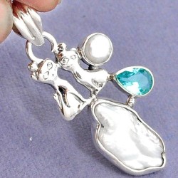 RARE Pièce Créateur avec BIWA PERLE & TOPAZE BLEUE - Argent MASSIF