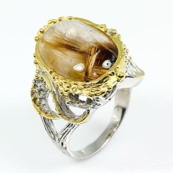 Argent massif 925 / Plaqué Or : Multi tons. Pierre : Cabochon 13 x 20mm.Variété Quartz rutile naturelle (non améliorée).Carat Po