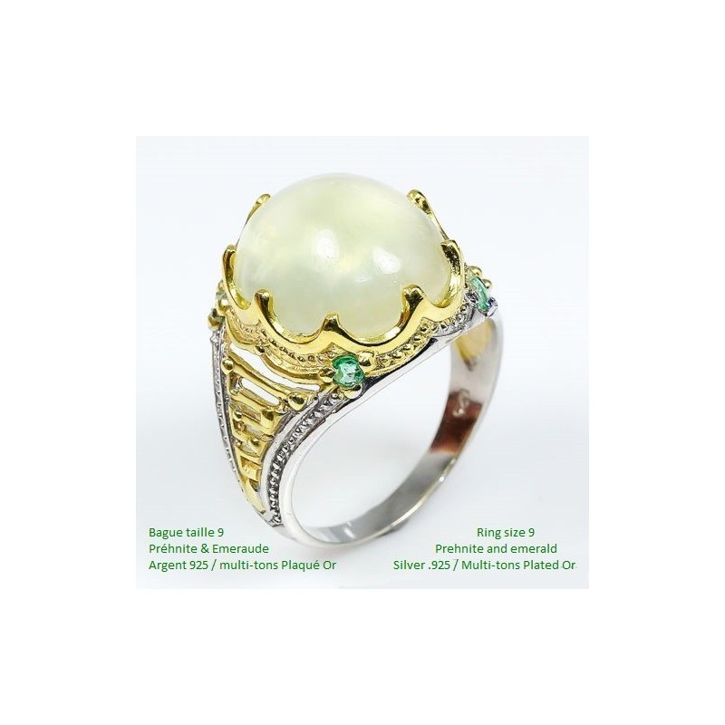 Emeraude et prehnite somptueuse bague pierre précieuse et semi-précieuse. 925 Argent poinçonné. Placage: Or 34.75 Carats