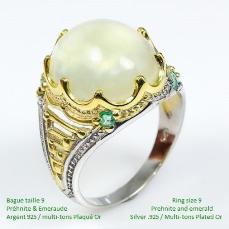 Emeraude et prehnite somptueuse bague pierre précieuse et semi-précieuse. 925 Argent poinçonné. Placage: Or 34.75 Carats