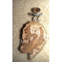 Ce pendentif en argent massif s'agrémentera avec toutes vos tenues, avec son poinçon .925 et son bois pétrifié ajouté à cela le 