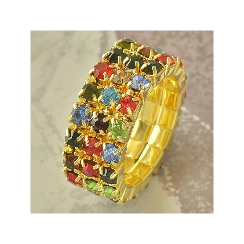 Bague stretch - Taille 7 - Plaqué or 9Ct. - Zirconium multicolor