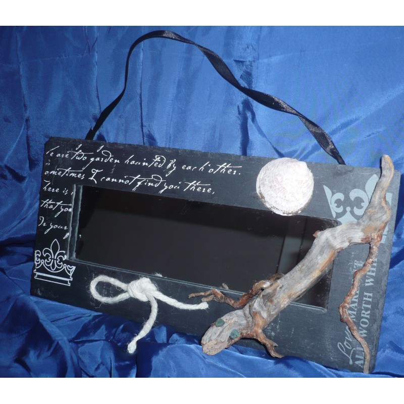 yeux en emeraude naturelle - Ardoise miroir bois flotte " Salamandre "