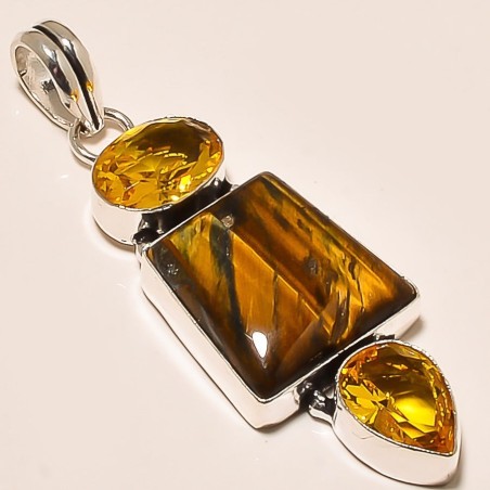 Pendentif Argent 925 - Oeil du Tigre (Bouclier) + 2 Topaze