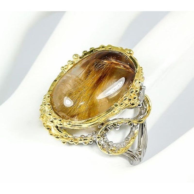 Argent massif 925 / Plaqué Or : Multi tons. Pierre : Cabochon 13 x 20mm.Variété Quartz rutile naturelle (non améliorée).Carat Po