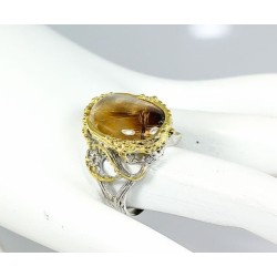 Argent massif 925 / Plaqué Or : Multi tons. Pierre : Cabochon 13 x 20mm.Variété Quartz rutile naturelle (non améliorée).Carat Po