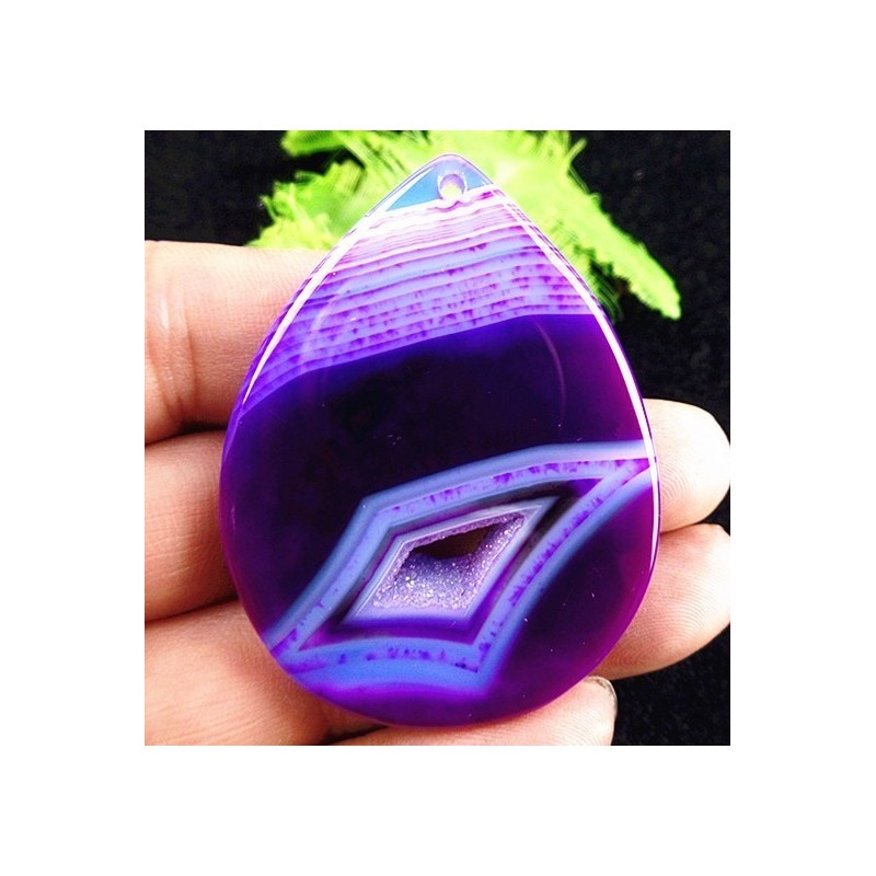 54X41x7mm Pendentif AGATE VIOLET FUSHIA superbe monté avec sa bélière - livré avec son cordon de cuir noir