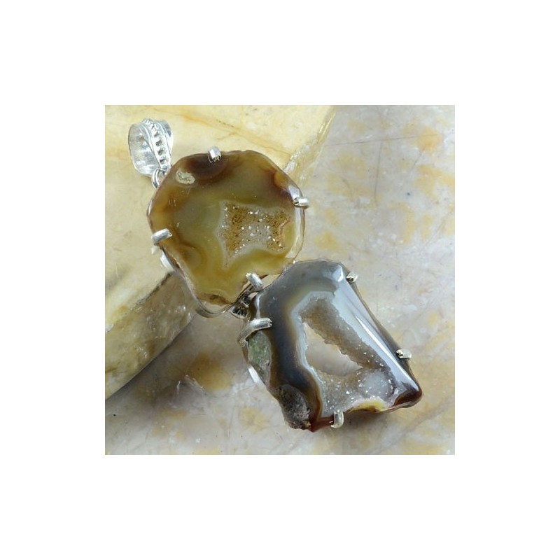 Argent .925 non poinçonné :Agate double médaillons gris beige paillettes cristaux brillantes naturelles
